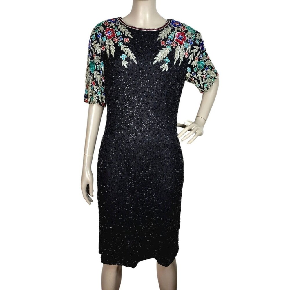 VTG 80s Art Deco Beaded Sequined Floral Cocktail Party Holiday Dress Size S/Mt